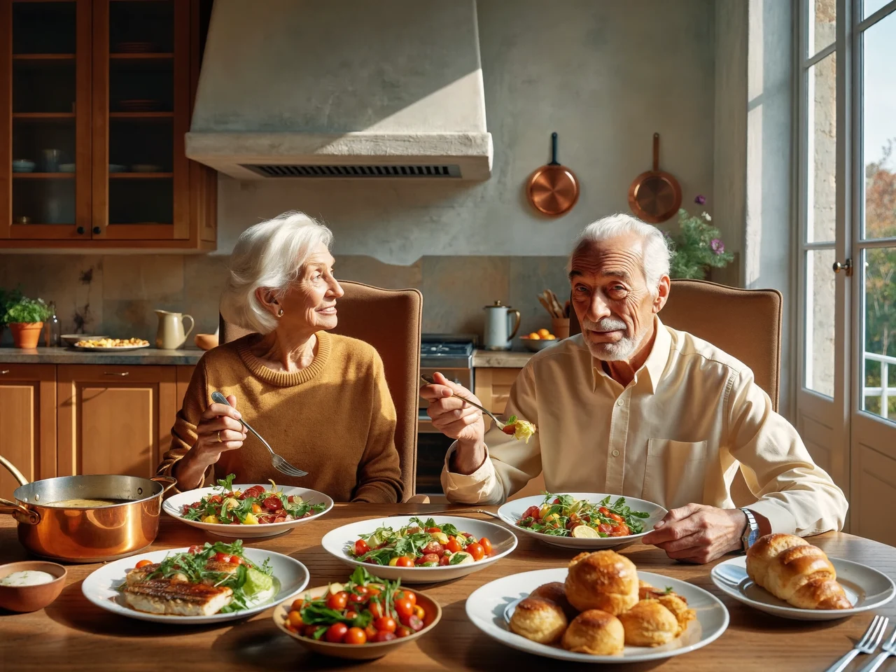 Coppia di anziani a tavola in una cucina italiana luminosa