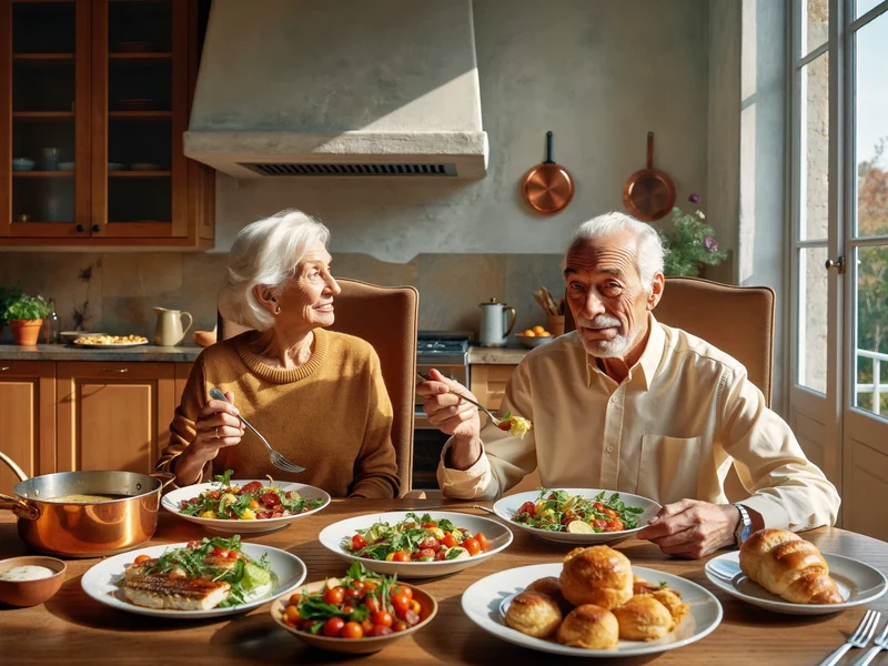 Coppia di anziani a tavola in una cucina italiana luminosa
