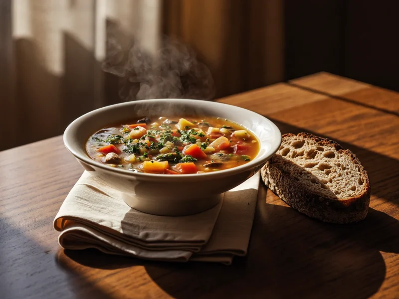Ciotola fumante di zuppa di legumi e verdure con pane