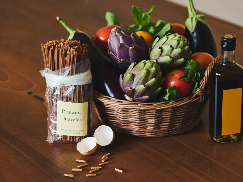 Cestino con verdure di stagione, legumi, uova, olio e pasta integrale