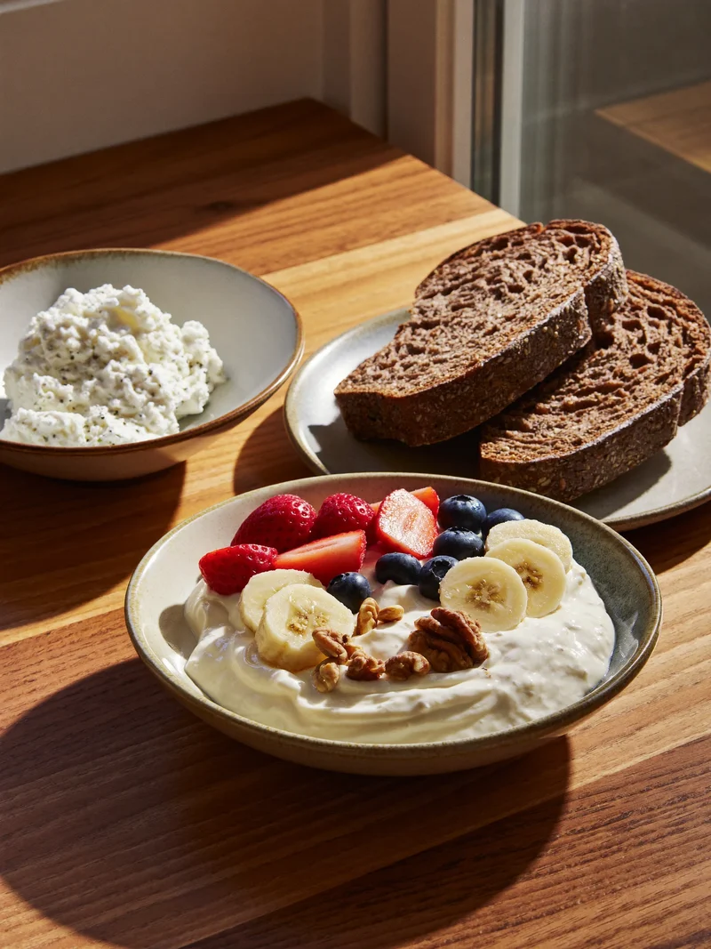 Colazione con yogurt, ricotta, frutta, noci e pane integrale